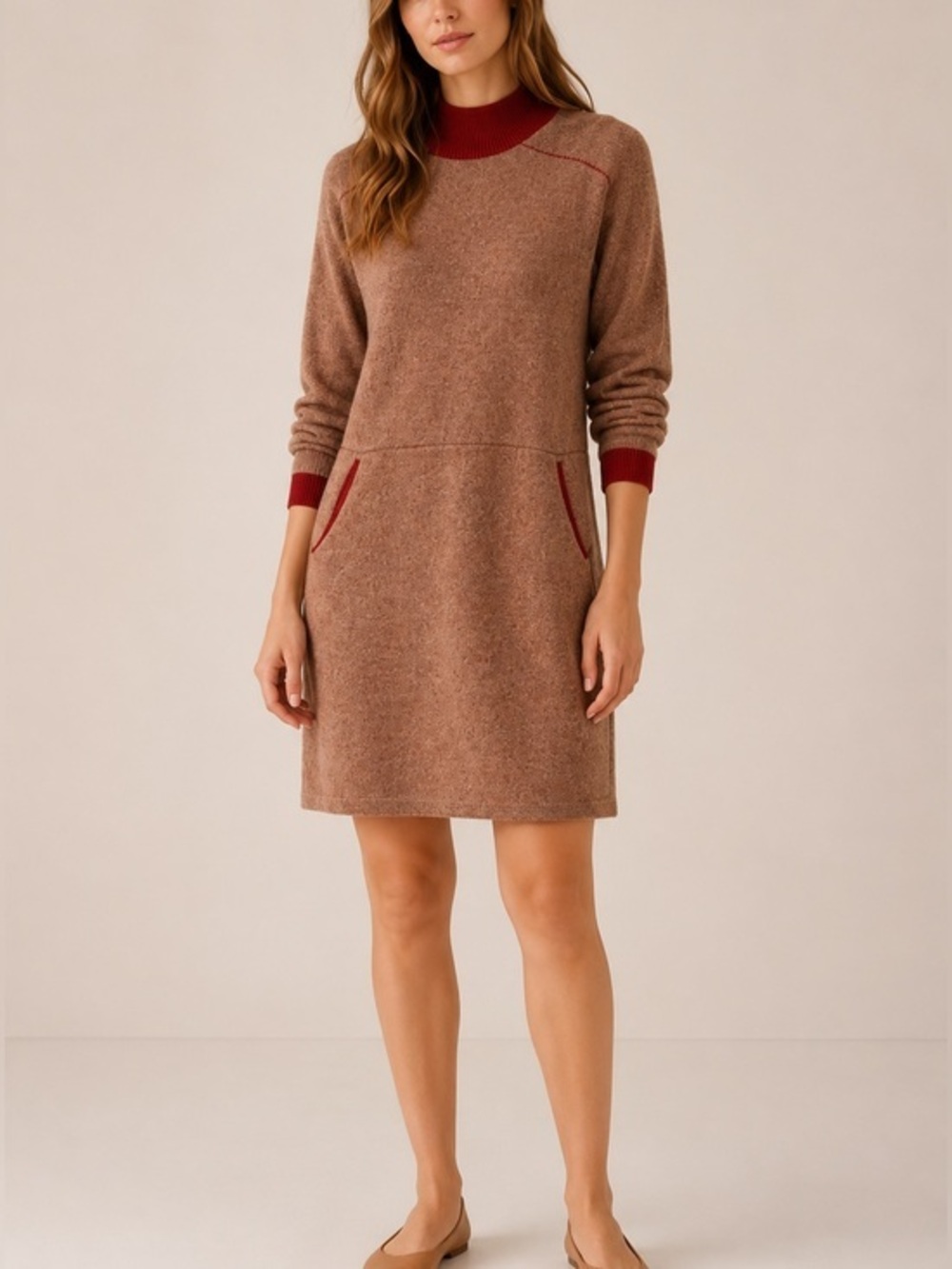 Vintage St. John Contrast Trim Wool Blend Long Sleeve Dress in Brown